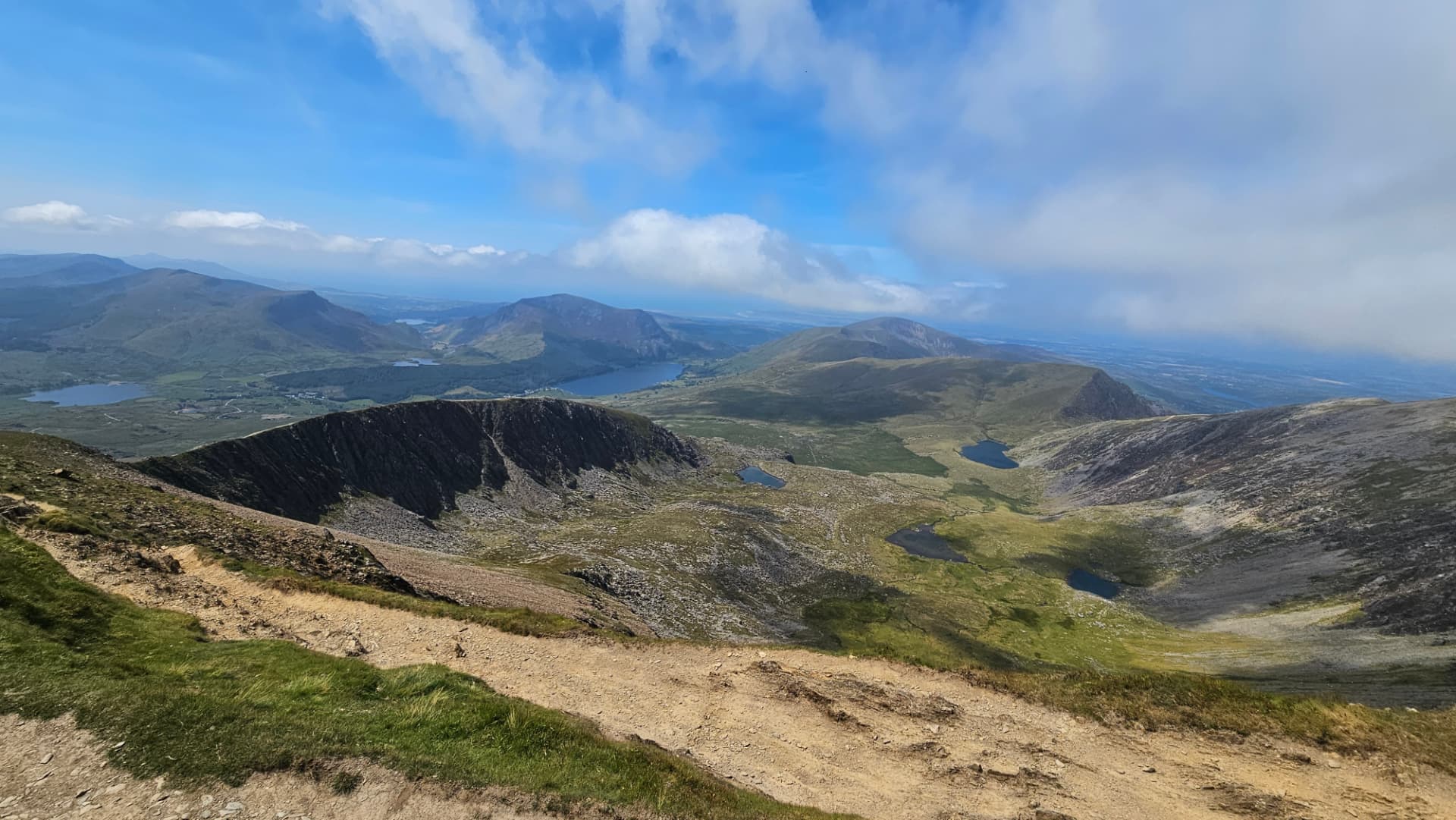 View from the Yr Wyddfa (Snowdon) path across lakes and mountains to the coast